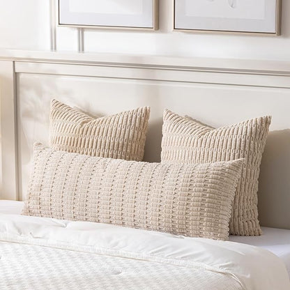 Fancy Homi Tan Long Body Lumbar Decorative Throw Pillow Cover 20x54 Inch for Bed Couch Bedroom Bench, Soft Corduroy Rectangle Solid Pillow Case 50x137 cm, Beige Rustic Farmhouse Boho Room Decor