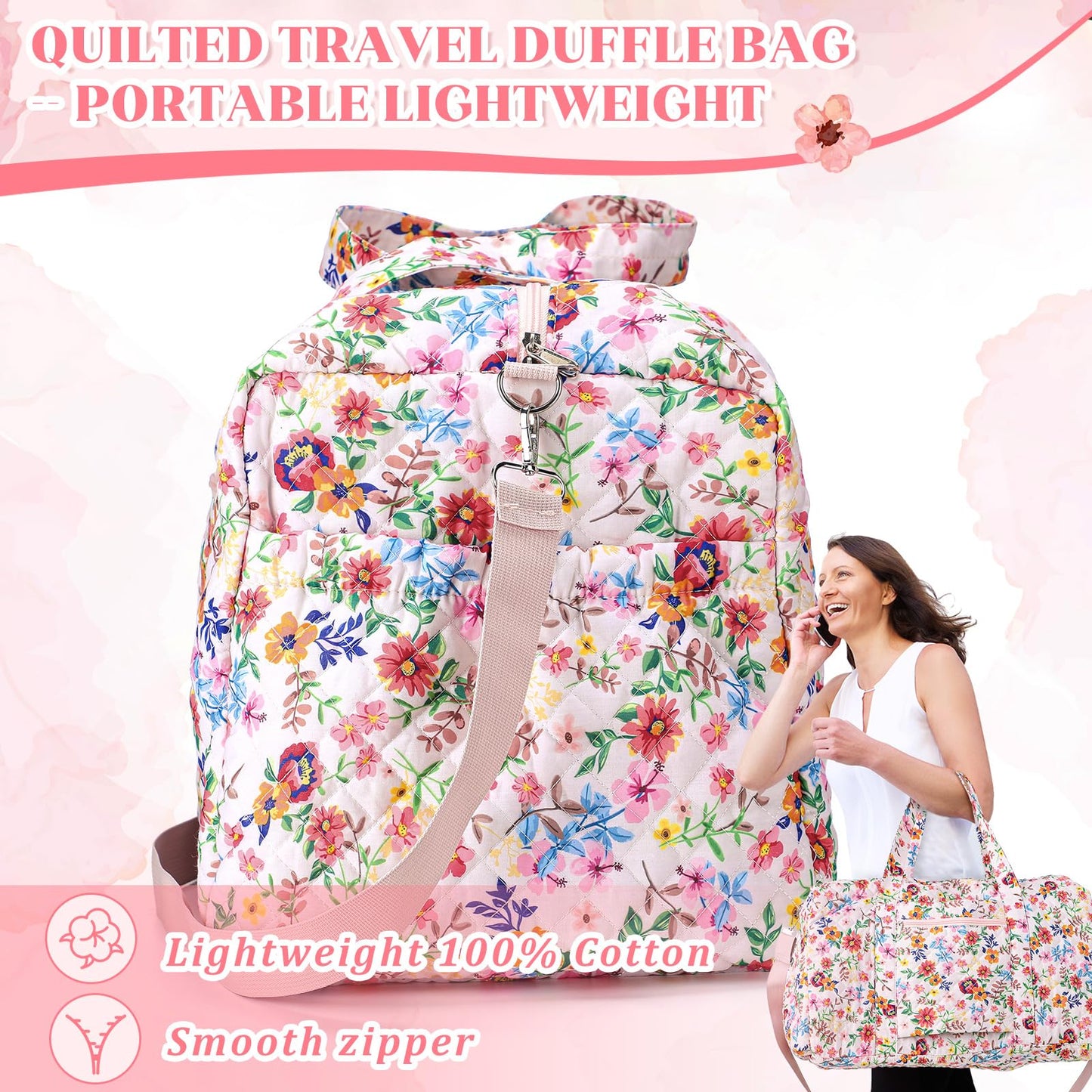Dansydaisy Large Quilted Travel Duffle Bag for Women Floral Portable Gym Weekender Bag with Zipper Pockets Workout Grocery Pouch Duffle Gift Pouch for Work(Pink Floral)