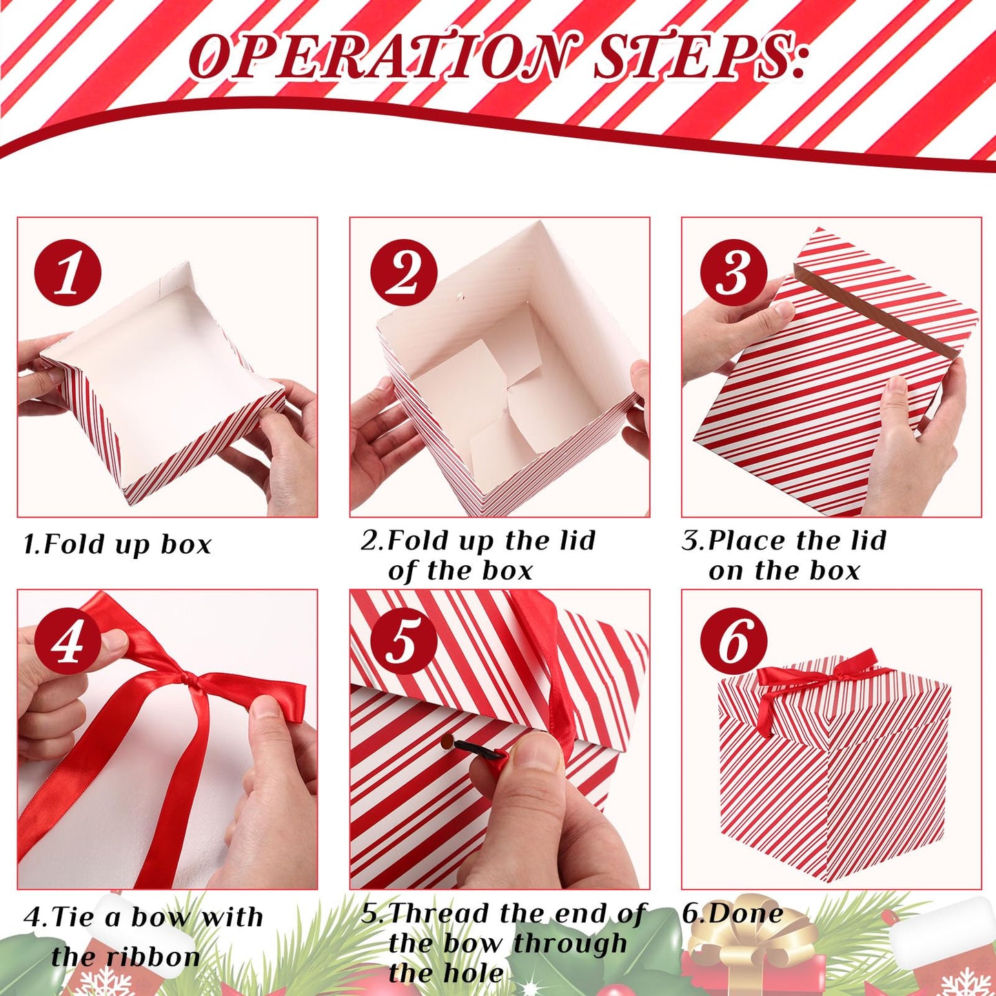 TecUnite 3 Pcs Christmas Nesting Gift Boxes Candy Cane Striped Christmas Stackable Boxes Decorative with Lids for Present Wrapping Xmas New Year Holiday Party Decor(Red White Stripe)