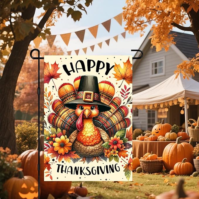 Thanksgiving Garden Flag 12x18 Inch Double Sided Turkey Flags Happy Fall Pumpkin Leaves Acorn Small Yard Flag Autumn Harvest Decoration for Outdoor Porch Lawn Holiday Seasonal Display