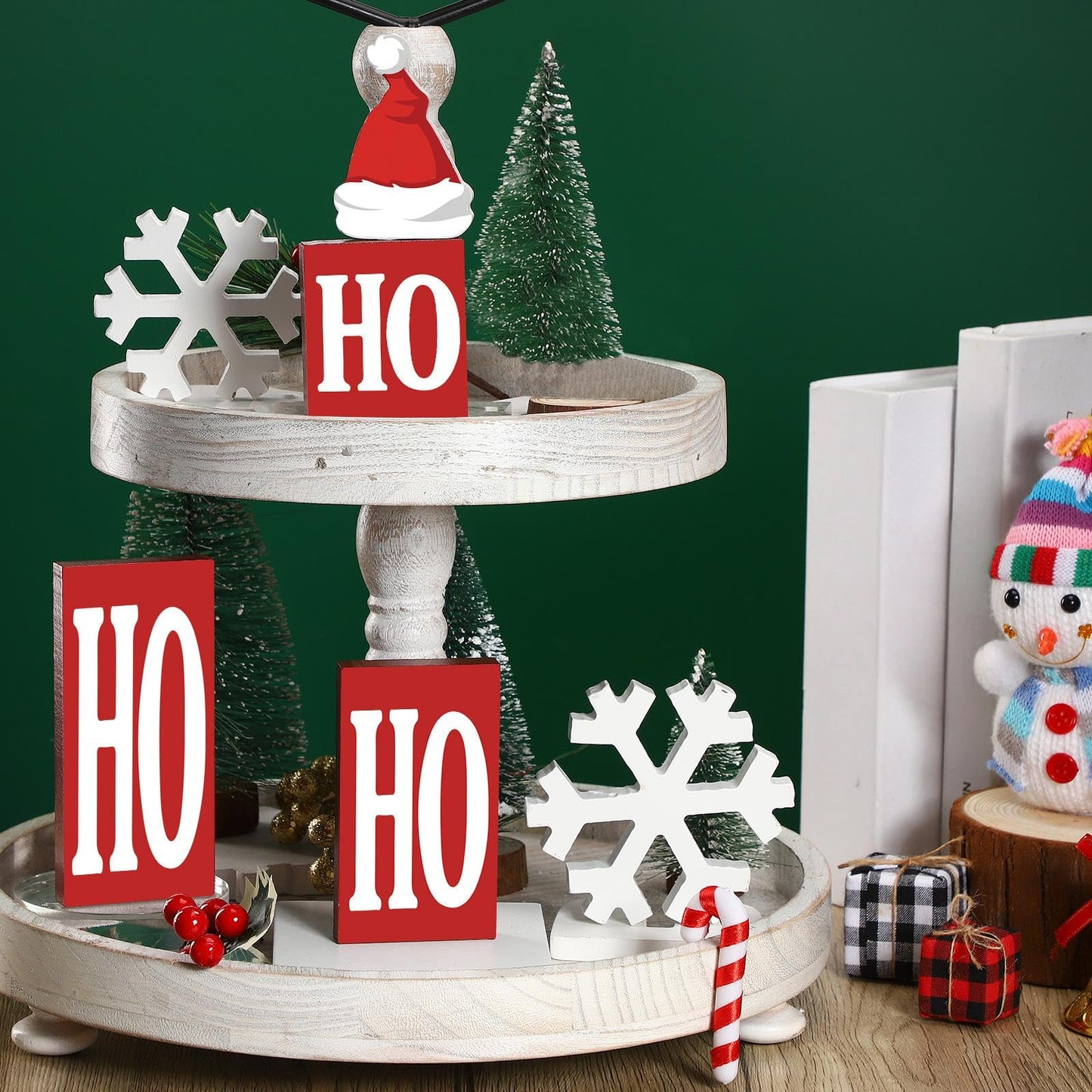 Qunclay 6 Pcs Christmas Wooden Decor Ho Ho Snowflake Table Decorations Sign Tiered Tray Decor Centerpiece Farmhouse Table Blocks for Home Party Mantle Shelf