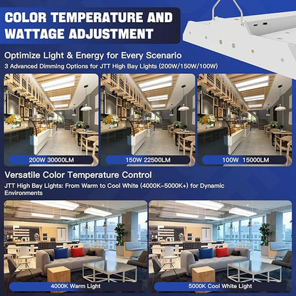 JTT LED Linear High Bay Light,200/150/100W 30000LM Shop Light Commercial 360° Adjustable 4/5000 CCT Tilt Hanging LED High Bay Shop Lighting Fixtures for Garage Warehouse Workshop Store, ETL 2-Pack