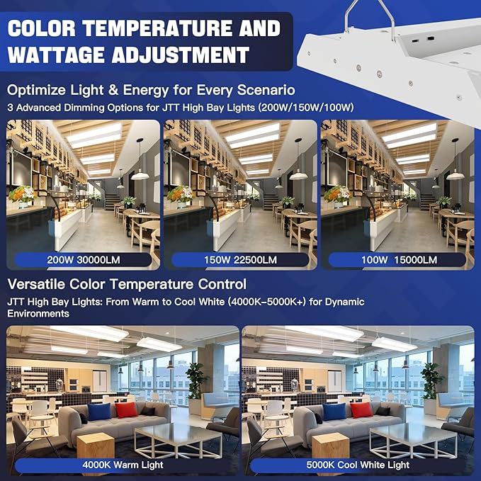 JTT LED Linear Shop Lights 200/150/100W,30000LM 360° Adjustable Led High Bay Lights 4/5000K Daylight 120-277V, Led Garage Light for Shop Workshop Store Commercial Supermarket Warehouse Basement,4-Pack