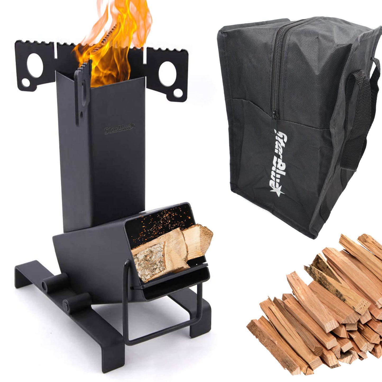 Collapsible Rocket Stove by StarBlue with FREE Carrying Bag - A Portable Wood Burning Camping Stove with Large Fuel Chamber Best for Outdoor Cooking, Camping, Picnic, BBQ, Hunting, Fishing