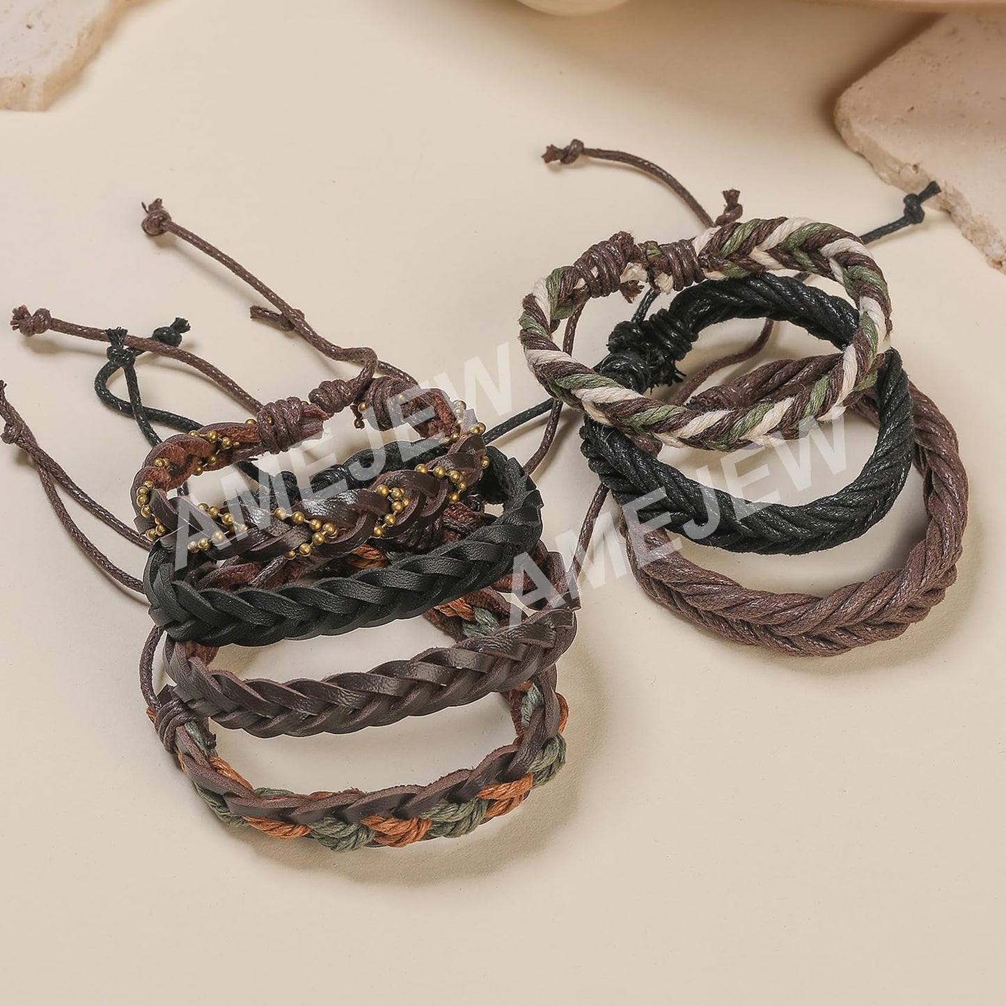 Amejew 36Pcs Braided Leather Bracelets for Men Women Wrap Wood Beads Cuff Bracelet Hemp Cords Ethnic Tribal Handmade Wrap Wristband Bracelets Set Adjustable(36Pcs)