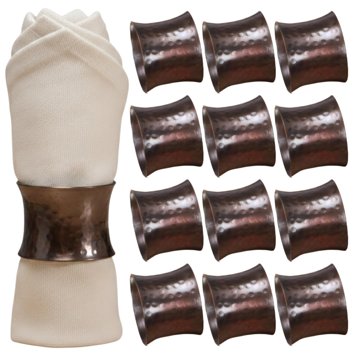 Decorative Metal Drum Napkin Rings Set of 12 - Modern Napkin Holders, Hammered Napkin Rings for Party Decoration, Dinning Table, Everyday, Family Gatherings (Bronze) - ALPHA Living HOME