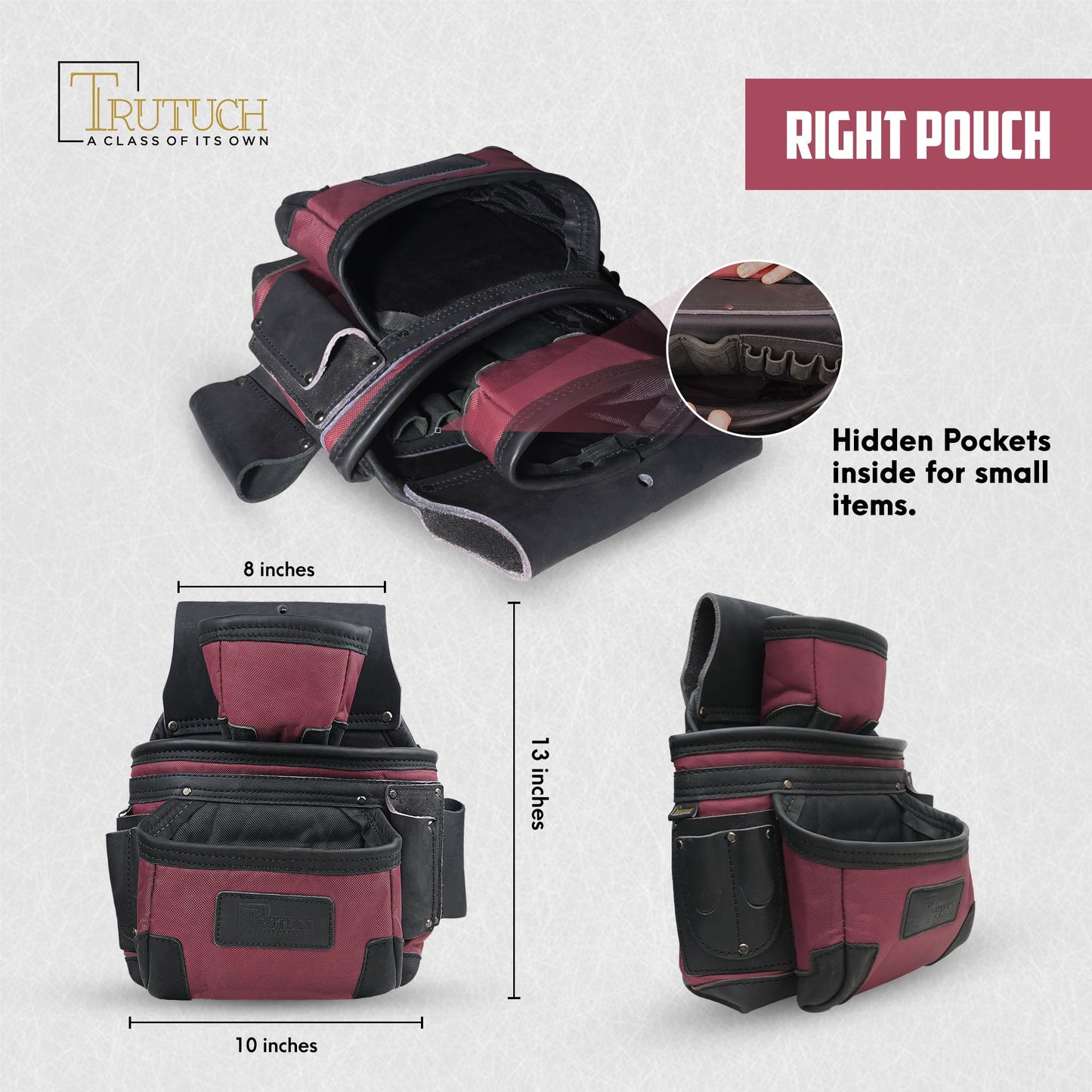 TRUTUCH Nylon and Leather Tool Belt | Framing Tool Bags | Nylon Tool Pouch | Carpenter Tool Belts | Construction | Framers | Electrician Tool Belt (Maroon 1650)