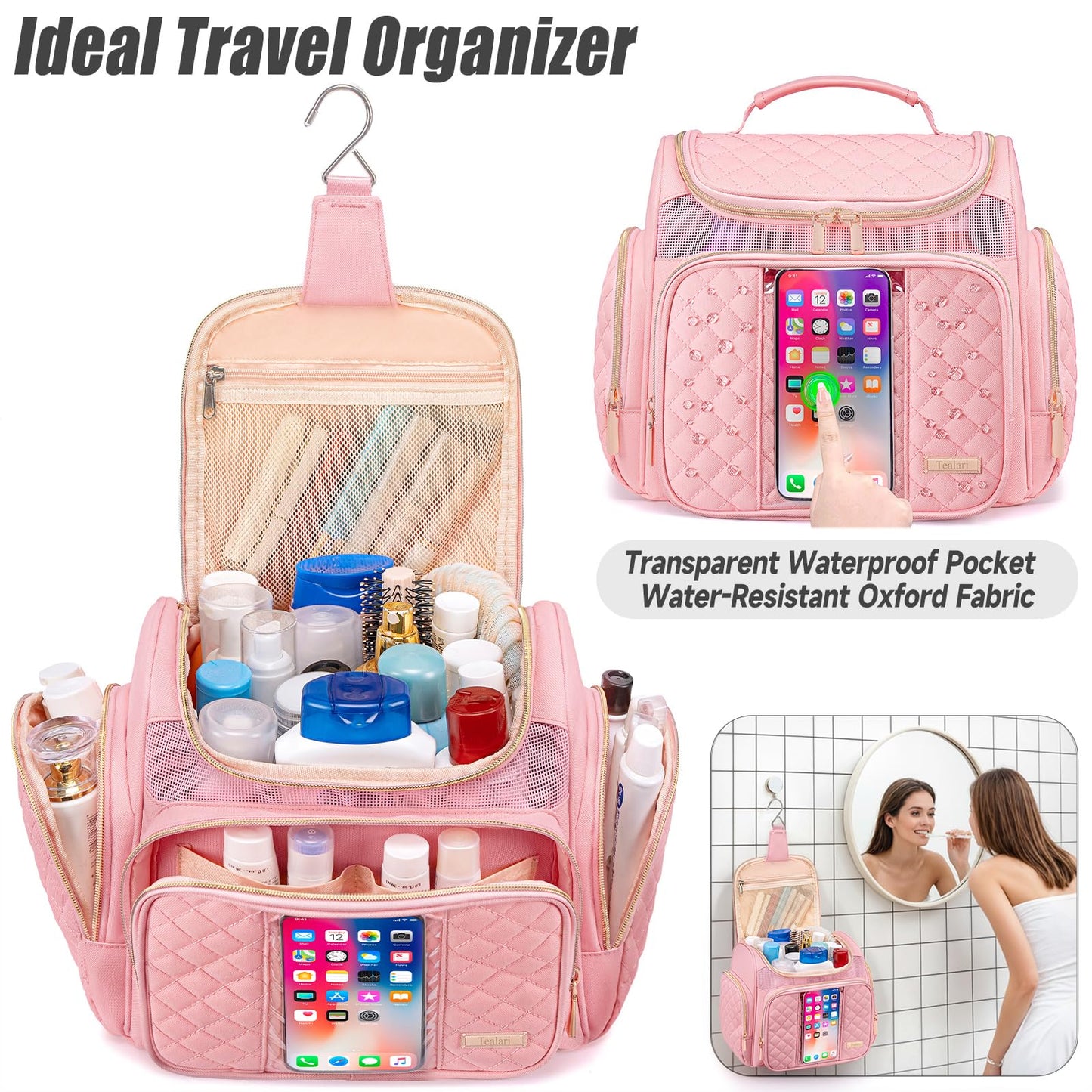 Tealari Large Toiletry Bag for Women Men,Bathroom Bag,Water Resistant Shower Bag,Makeup Bag,Portable Shower Caddy for College Dorm,Hanging Travel Toiletry Bag with Transparent Waterproof Phone Pocket