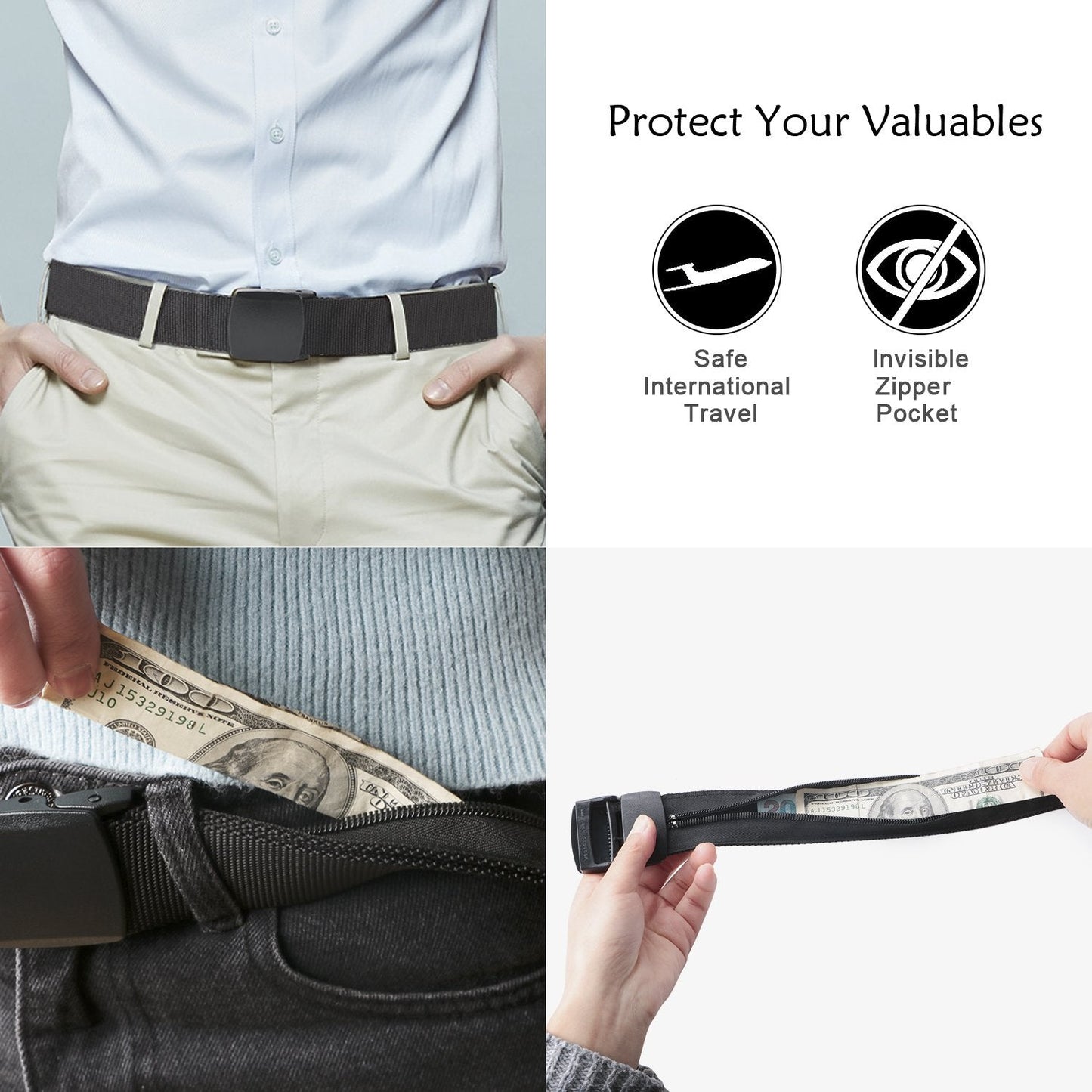 SUOSDEY Travel Money Belt, Nylon Hidden Money Pocket Belt with Plastic Buckle