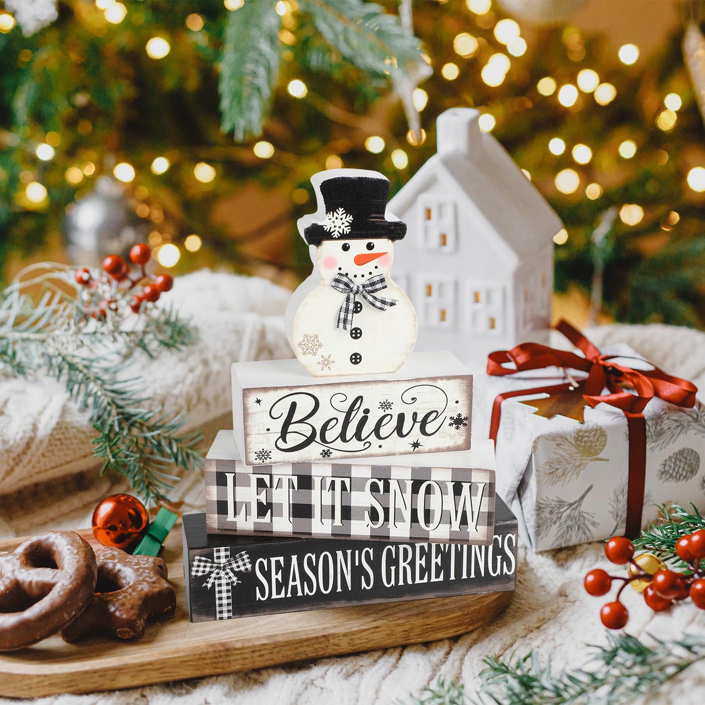 4 Pcs Christmas Decorations Indoor Wooden Snowman Table Sign Decor Table Centerpieces Xmas Merry Christmas Tabletop Block for Holiday Office Desk Tiered Tray Party Shelf Decor Double-sided Pattern