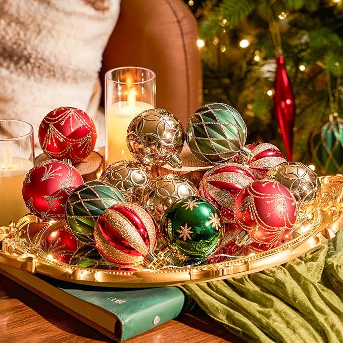 JORNOY Christmas Balls Ornaments, 30ct Shatterproof Xmas Tree Decorations, Hanging Bulbs Baubles Set with String for Holiday Home Party Decor, 2.36 inch/60mm, Red & Green & Gold