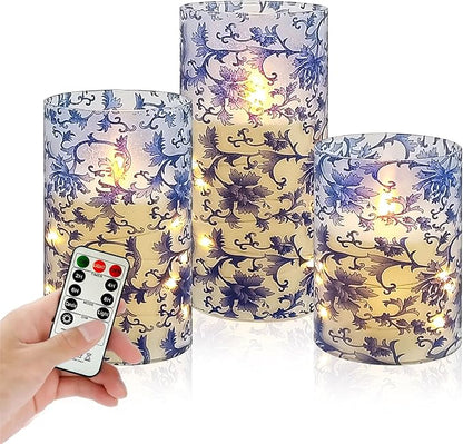 Printed Flameless Candles with String Lights - Set of 3 Blue and White Battery Operated Candle Flickering Floral LED Pillar Candles with Timer Remote for Home Decor Romantic Ambiance,BW