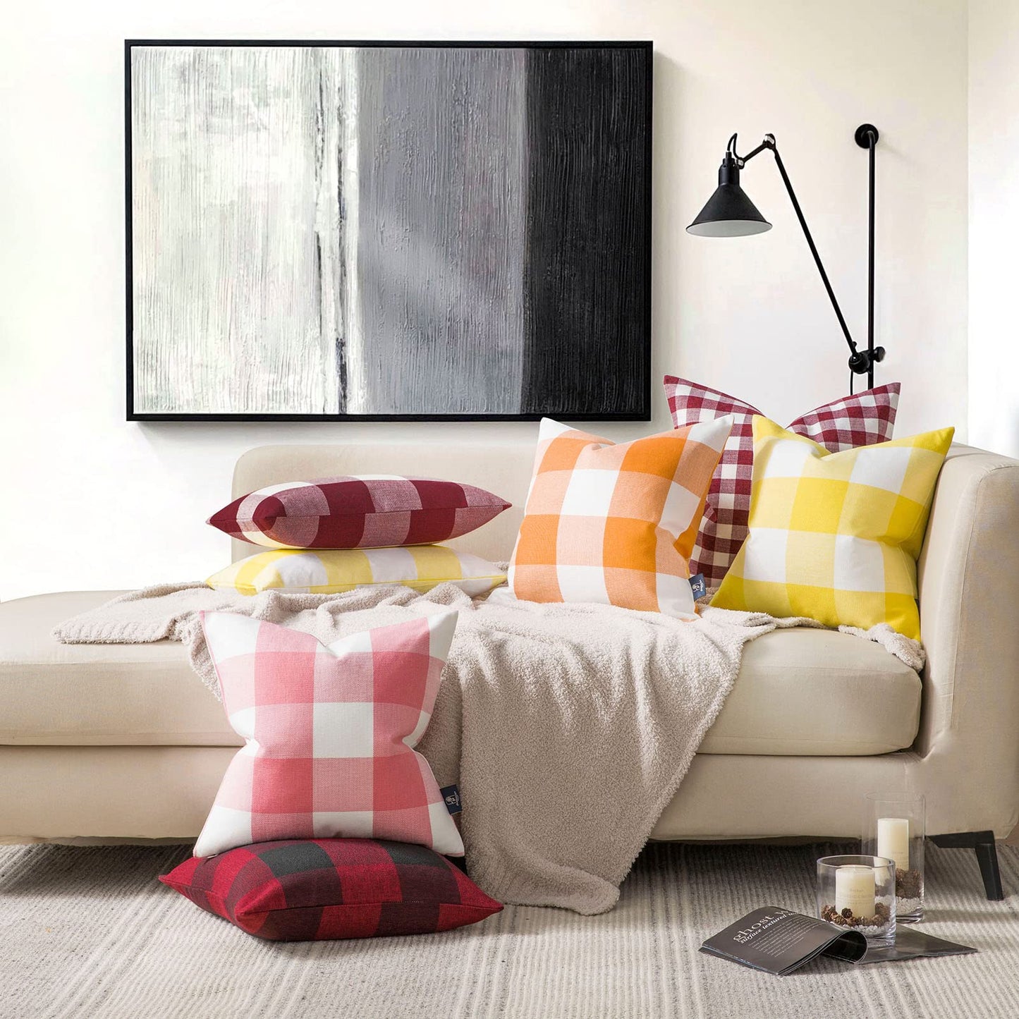 Phantoscope Pack of 2 Gingham Buffalo Plaid Christmas Throw Decorative Pillow Cover Outdoor Indoor Throw Pillows Farmhouse Square Pillow Cases for Home Decor Red,18 x 18 Inches