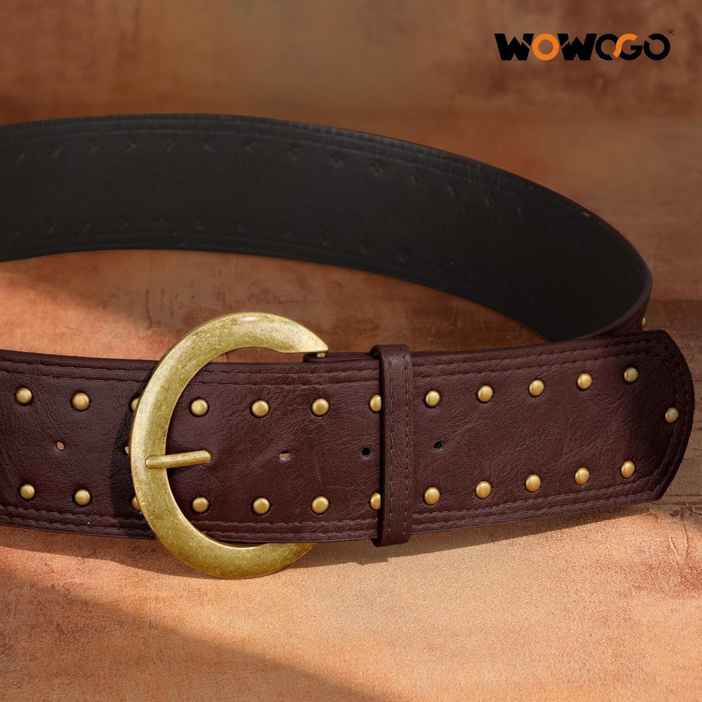 WOWOGO Dark Brown Wide Chunky Leather Belts for Women 2.3" Western Vintage Boho Studded Thick Waist Belt for Dresses