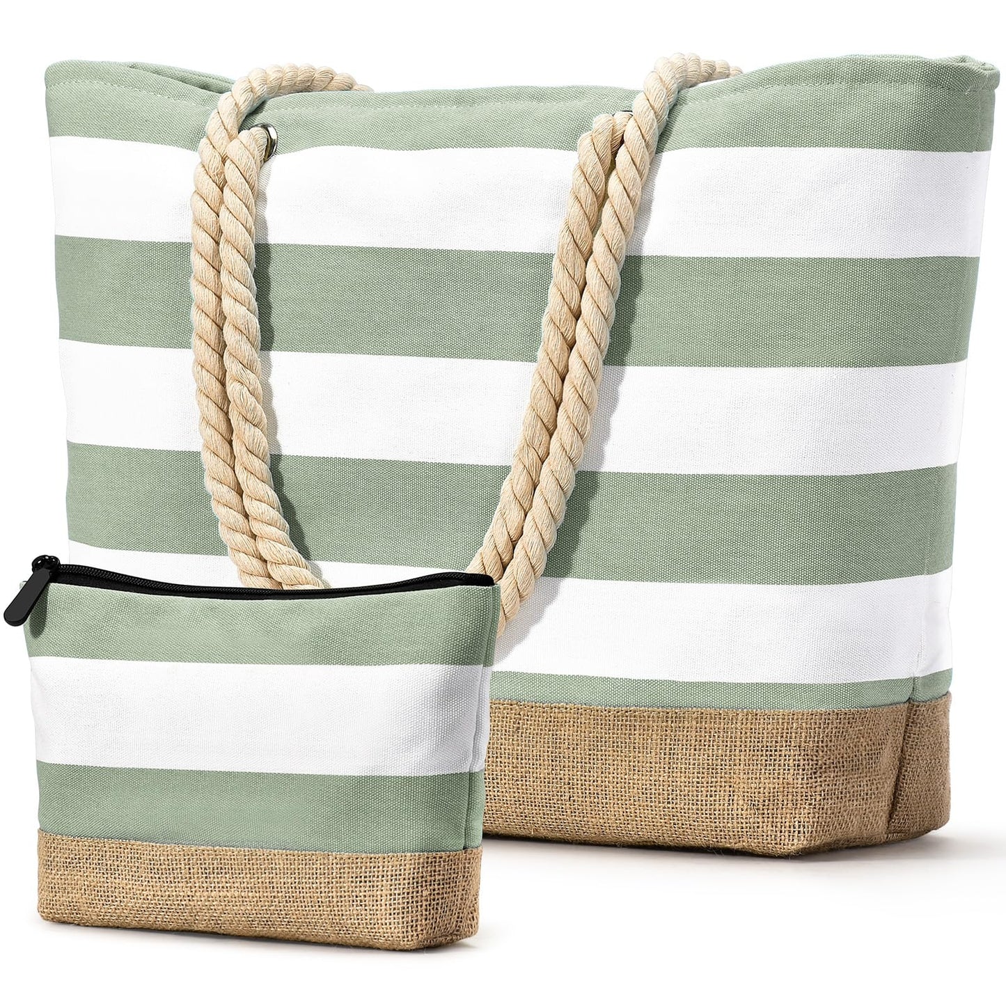 Becokan Beach Bag Initial Beach Tote with Makeup Bag for Travel, Work, Storage Personalized Birthday Gifts for Women Her (Plain, Light Green)