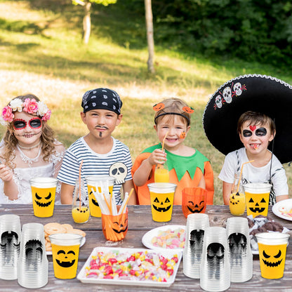 CUPLOOV 100 Pack Halloween Plastic Cups Clear 12Oz Disposable Pumpkin Cups With 5 Styles Patterns for Kids Adults Party Favors, Coffee, Wine, Hot and Cold Drinks