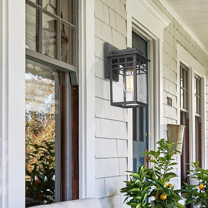 Outdoor Light Fixture Wall Mount, Modern Exterior Lights Fixture Wall Sconces with Seeded Glass for Front Porch, Farmhouse Rustic Waterproof Lantern Lamp in Black Finish for Home, Barn, Garage
