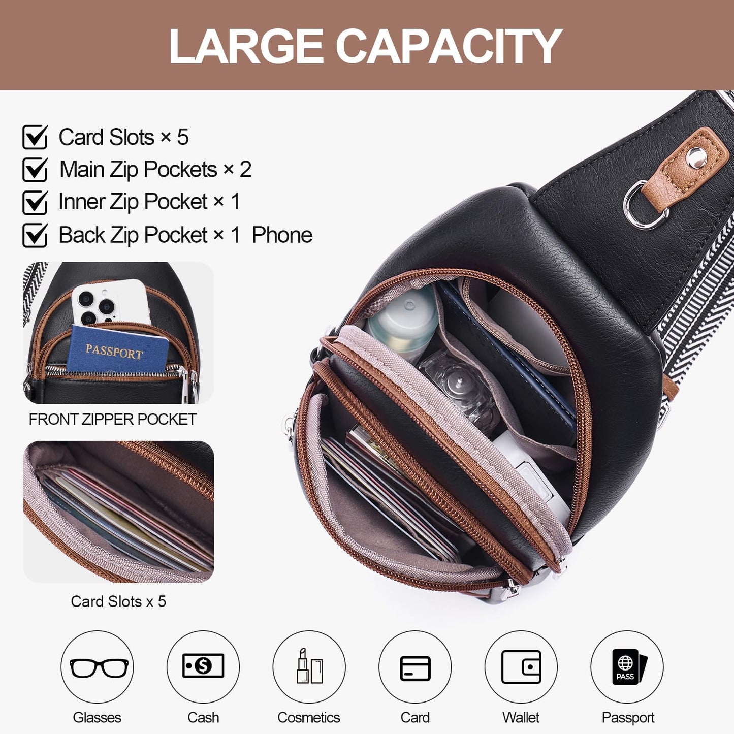 Lexiyat Anti Theft Crossbody Bags for Women Travel Chest Sling Bag Leather RFID Purse Fanny Pack Black