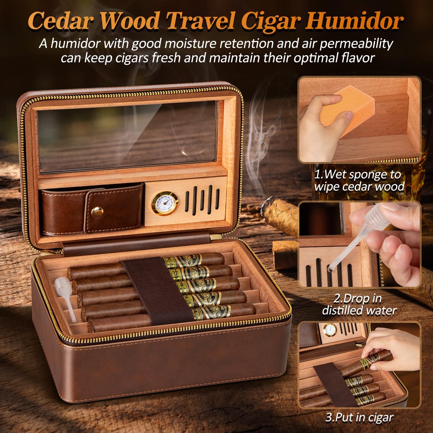 Usewire Cigars Humidor, Travel Cigar Humidor Case, Cedar Wood Double Layer Cigar Box with Built-in Humidifier, Glass Top Cigar Humidor with Cigar Lighter, Cigar Accessory Gift Set for Men(No Butane)