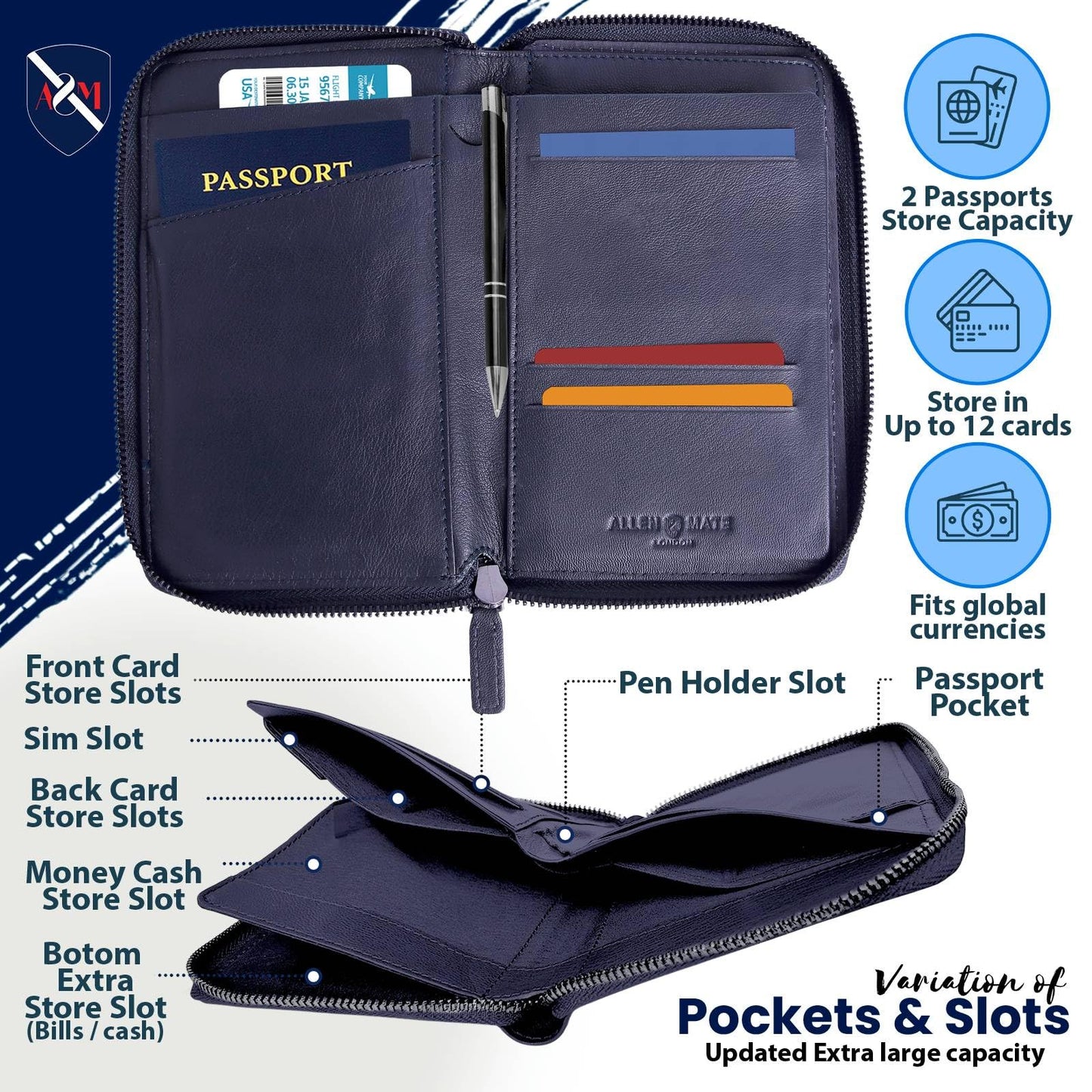 ALLEN & MATE 100% Leather Passport Holder for Travel RFID Blocking Passport Wallet for Men & Women - Zippered Compact Travel Document Organizer Fits Cash, Cards, SIM, ID and Tickets