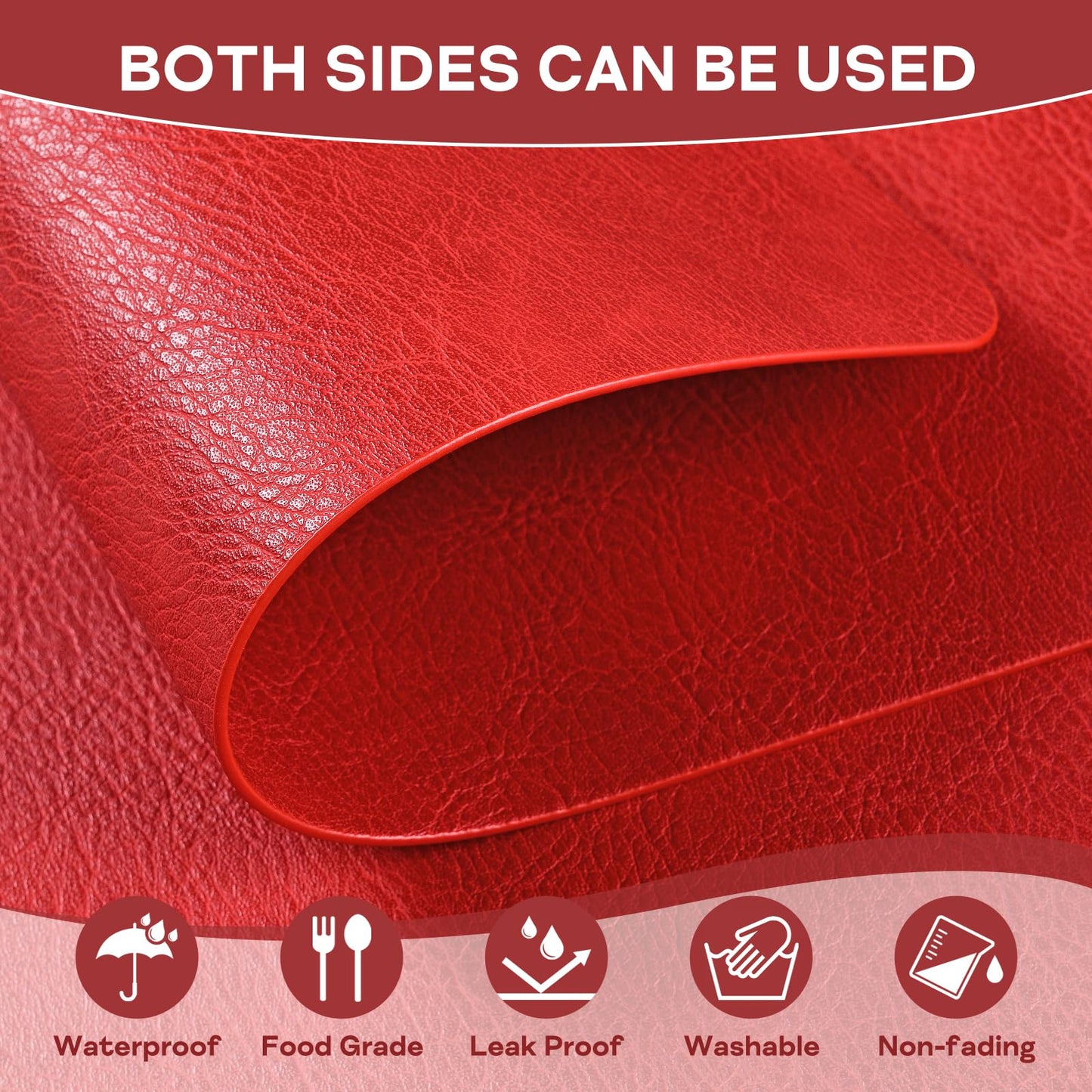 APLKER Faux Leather Placemats Set of 6, Washable Place Mats, Vinyl Placemats Wipeable Waterproof Oil-Proof Heat Resistant PU Table Mats for Dining, Kitchen, Hotel(Red)
