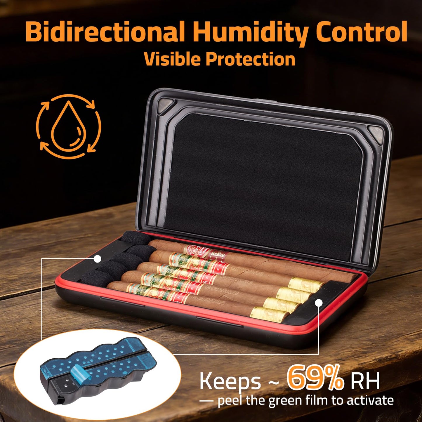 Portable Cigar Humidor Case, Magnetic Closure, Airtight Two-Way Humidity Control (69% RH) Ultra-Light Travel Cigar Box, Crushproof and Waterproof, Replaceable Humidifier Disc, Holds up to 5 Cigars