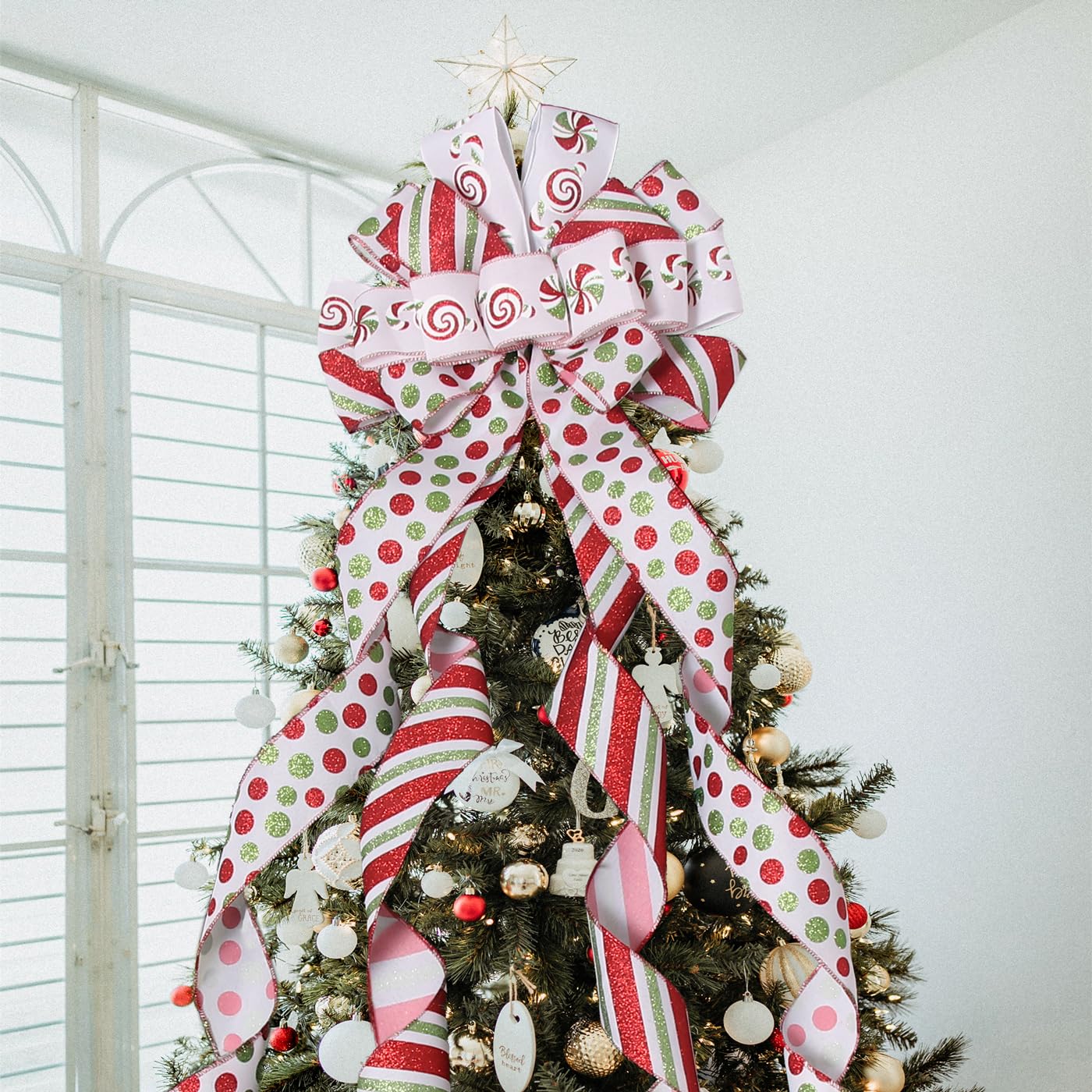 Christmas Tree Topper Wreath Bow Large Green Christmas Bow Tree Topper with Red Green Red Stripes Candy Patterned Gift Bows for Xmas Holiday Home Thanksgiving Indoor/Outdoor Decoration 52"x13"