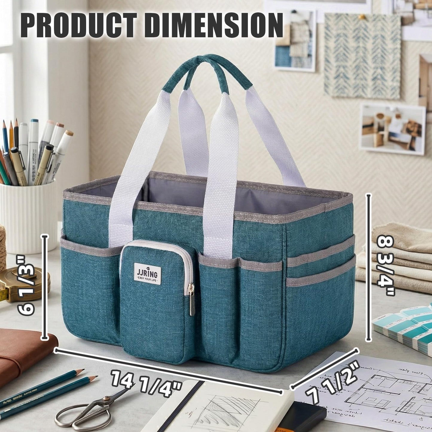 Jjring Craft Organizer Tote Bag, Portable Art Caddy with Adjustable Divider&Secure Zipper Pocket, Large Foldable Storage Tote for Scrapbooking, Sewing, Artist and Home(Green)
