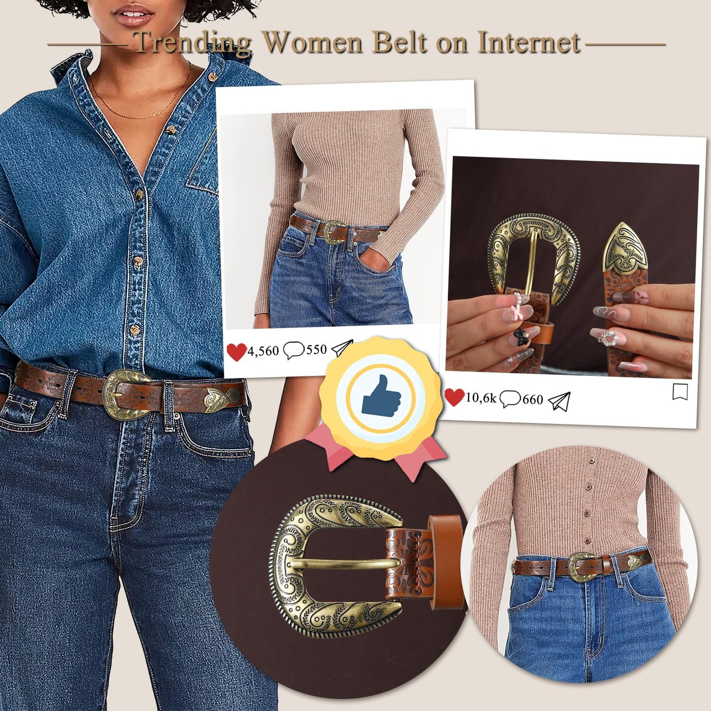 IDUNNVERVE Western Cowgirl Belts for Women – Brown Leather Belt for Jeans with Vintage Country Cowboy Buckle