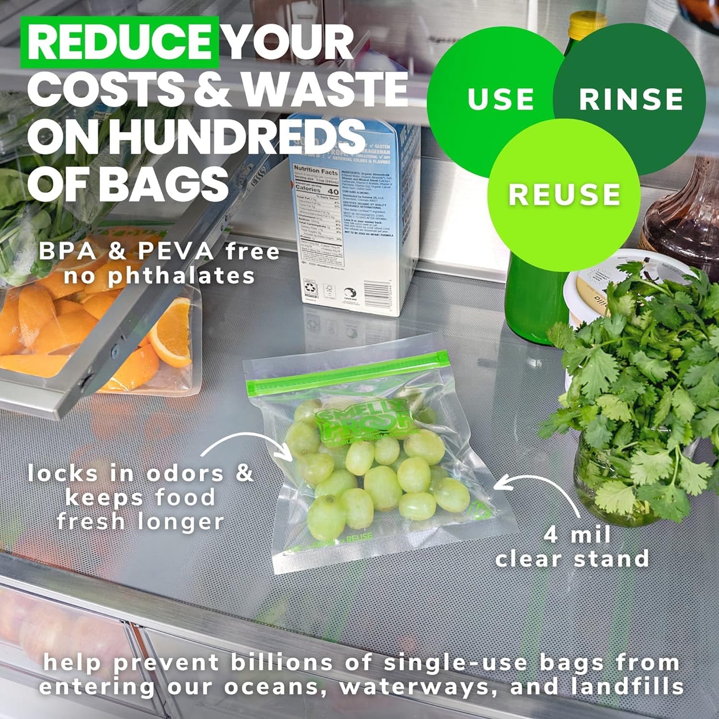 Smelly Proof 10 x Expandable Stand-Up & Fill REUSABLE Storage Bags for Food Designed & Mfg in US, NO PEVA, BPA FREE, Reusable Snack Bags, Dishwasher-Safe, Clear 3 mils STAND & FILL 6" x 4" - 10pk