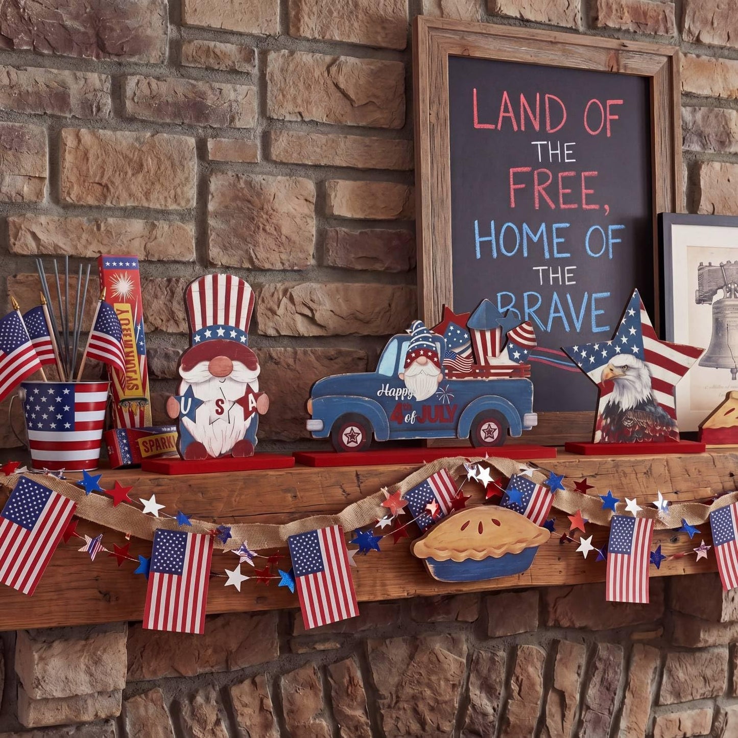 Qunclay 6 Pcs Patriotic Table Decor - Wooden Gnome Freedom Truck Star 4th of July Table Signs for Veterans Independence Day Topper Decor Memorial Day Decorations Supplies