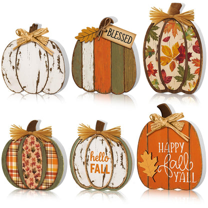 Leinuosen 6 Pcs Fall Pumpkin Decor Wooden Block Sign Fall Tiered Tray Decor for Home Autumn Table Centerpieces Decorations for Thanksgiving Harvest Table Mantel(6 Pcs,Pumpkin)