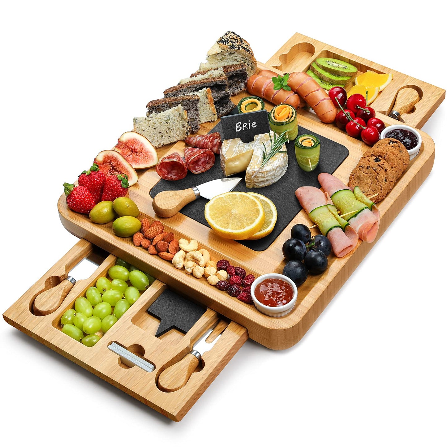 Easoger Large Bamboo Charcuterie Boards, Cheese Platter with 2 Drawers, Serving Knife, 2 Ceramic Bowl - Unique Housewarming, Wedding and Bridal Gift