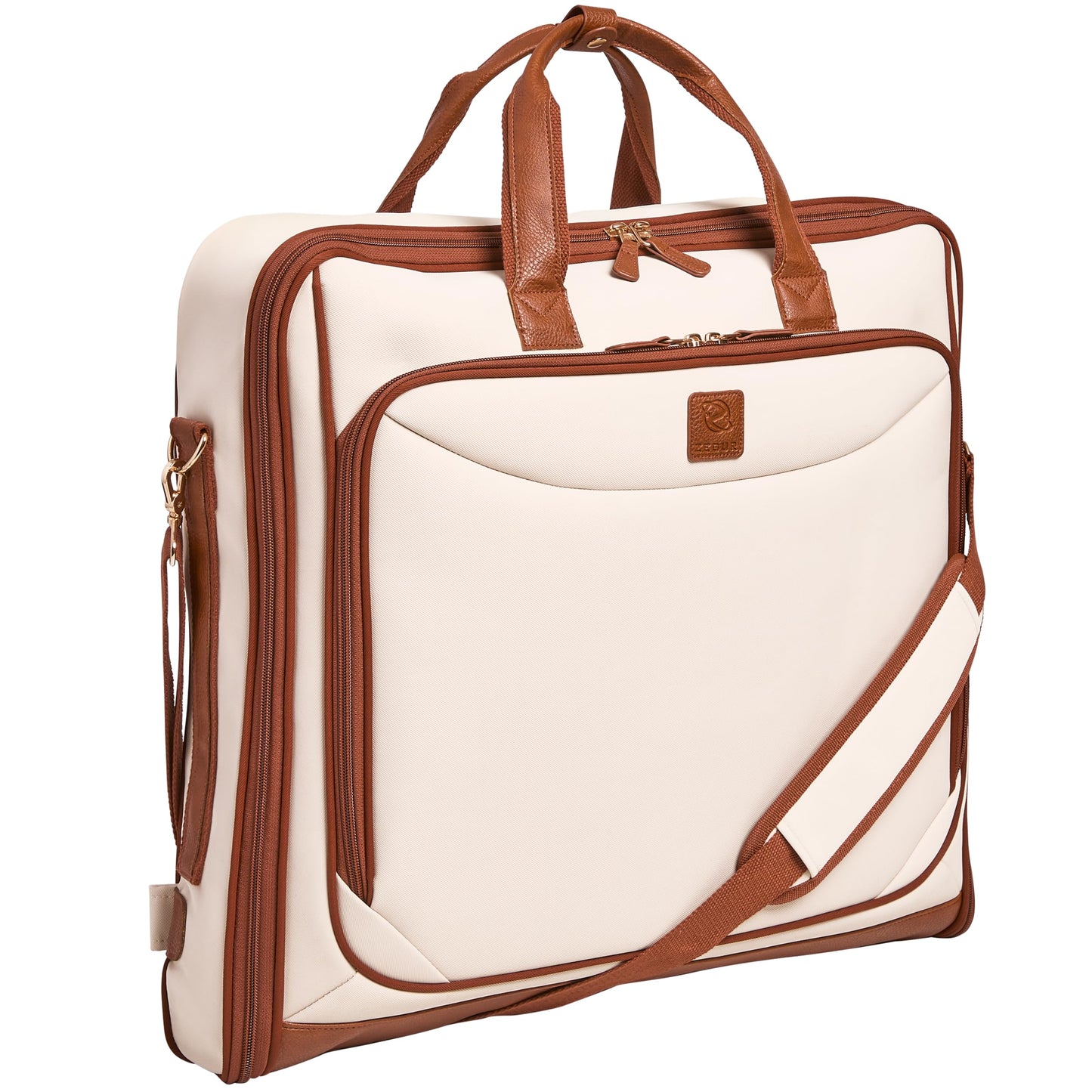 ZEGUR Premium Garment Bag Carry On for Women - Hangs Blazers, Pantsuits & More - Travel Bag with Shoulder Strap and Laptop Compartment (Beige with Saddle Brown Leather)