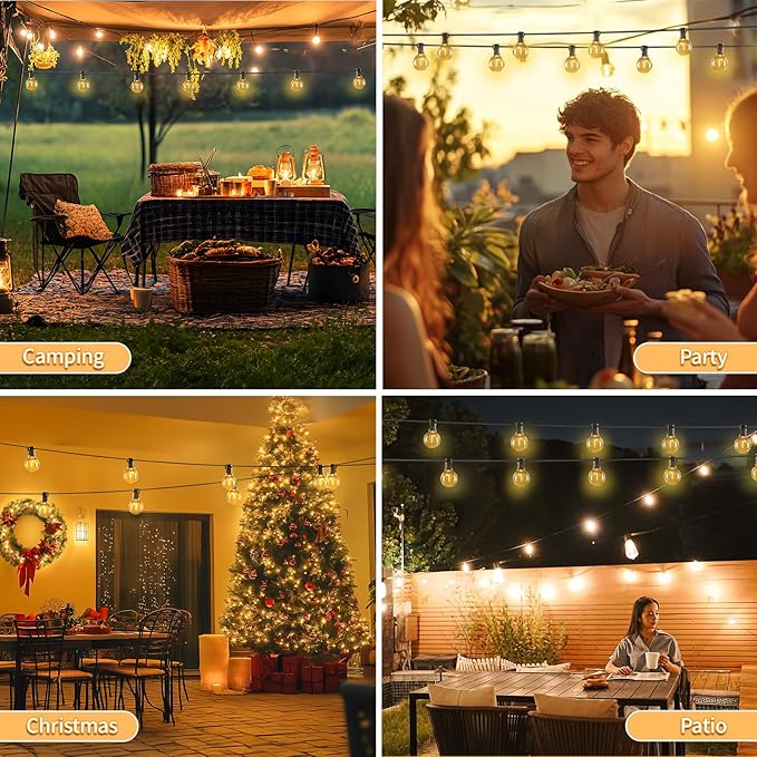 100ft String Lights with Remote, 50+2 LED Bulbs Dimmable Patio Lights Outdoor, 24V Waterproof Plug, G40 Hanging Light for Outside Deck Garden Backyard Porch Party Decor