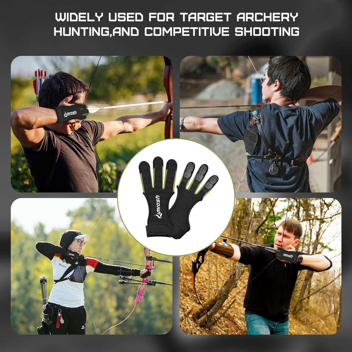 Lumrosh Archery Gloves 3 Finger Cowhide Shooting Hunting Green Men and Women Adult Kids Beginner Recurve Bow Archery Finger Protection Gear (Black, Large)