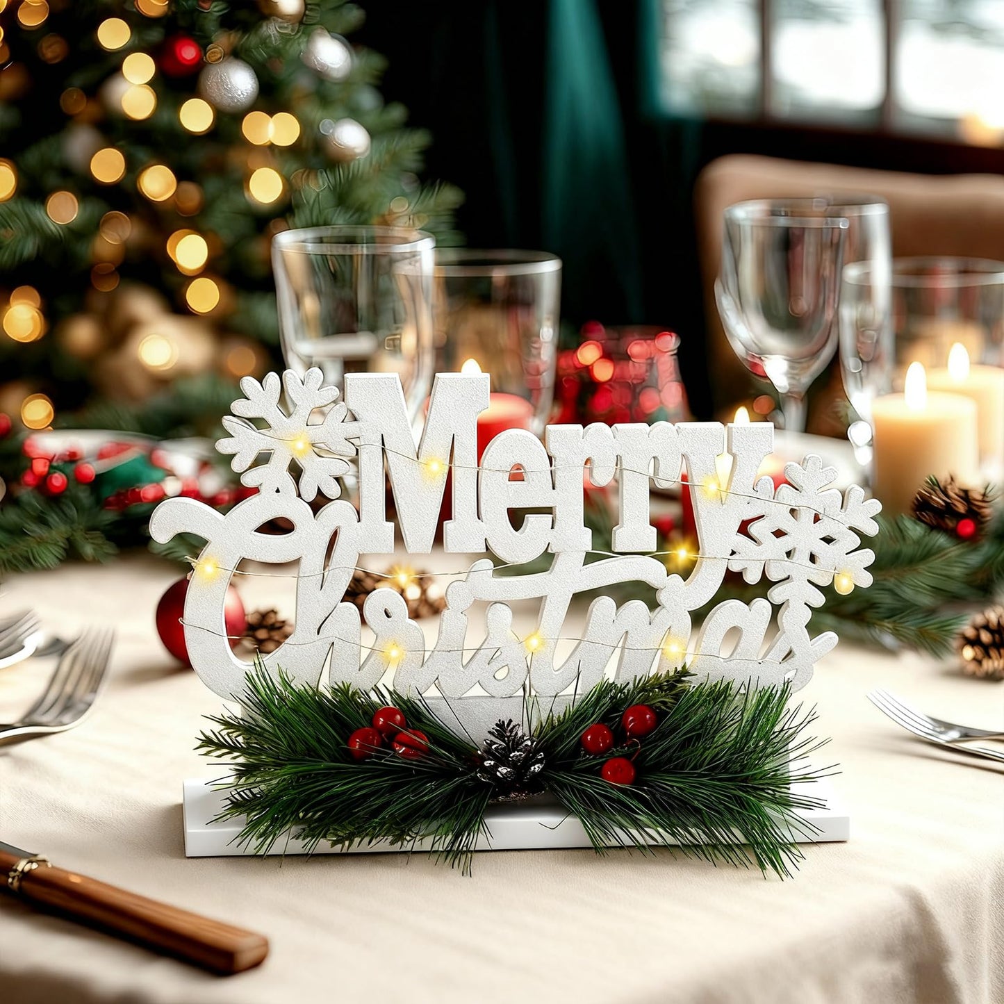 Leinuosen Merry Christmas Sign Wooden Christmas Table Sign with Holly and LED Light White Xmas Wooden Table Centerpiece for Mantel Fireplace Shelf Xmas Party Home Tabletop Decoration