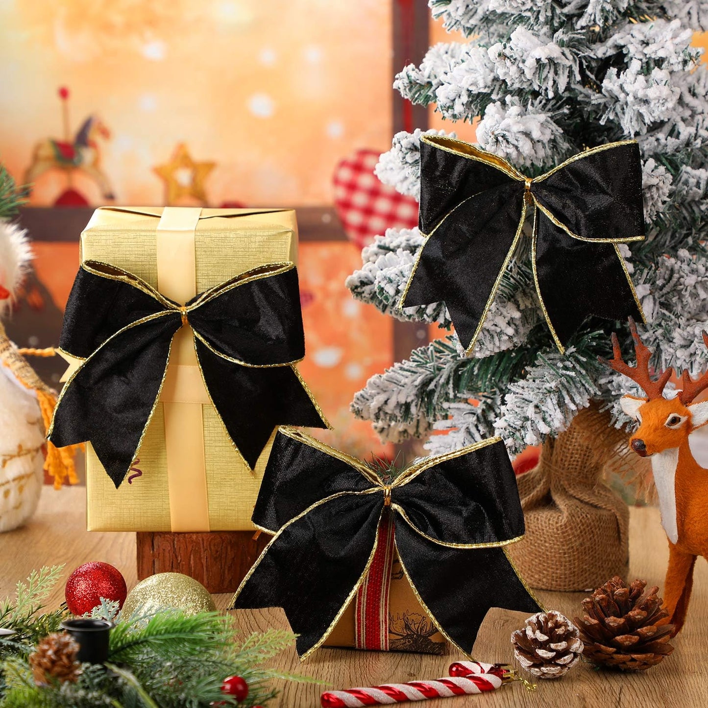 Panelee 12 Pcs Black Velvet Christmas Bows 6 x 6 in Wreath Bow Christmas Tree Decorations Ornaments for Hanukkah Xmas Tree Topper Wreath Garland Party Gift Wrapping DIY Decor