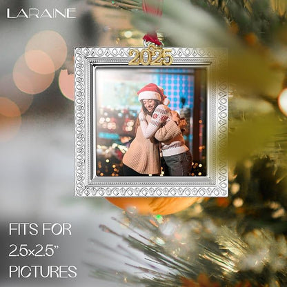 Laraine Christmas Tree Ornaments – Decorative Hanging 2025 Holiday Keepsake Gift Pendant with 2.5” Photo Frame Insert for Picture of Pet (Square Silver (2025))