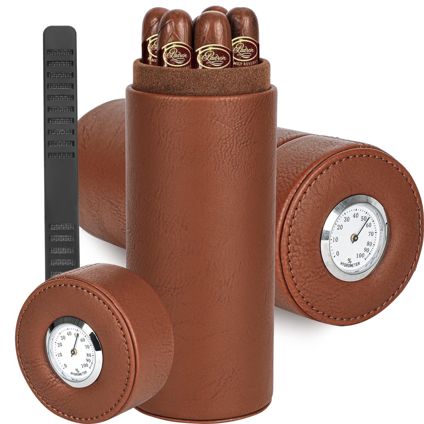 Premium Brown Cylindrical Cigar Humidor with Hygrometer and Cedar Wood Lining, Sealed Portable Leather Cigar Humidifier for Travel Cigar Case and Home Use Father's Day, boyfriends，Christmas