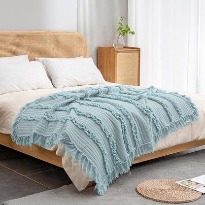 Ultra Soft Pre-Washed Quilted Boho Blue Green Twin Size Blankets for Bed, Ruffle Fringed Decorative Throw, Stone Washed Chic Rustic Blanket for Sofa Couch Bed, 60"*80"