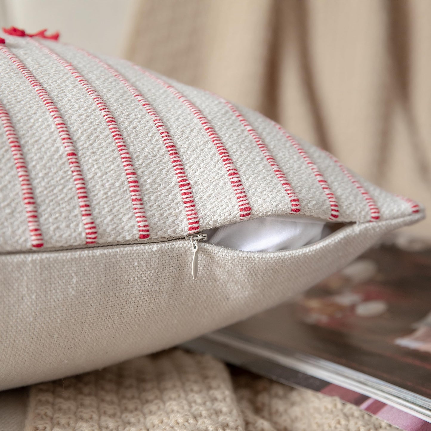 Caflife Boho Christmas Throw Pillow Covers 18x18 Set of 2, Christmas Decorations Pillow Covers Beige with Red Line for Modern Farmhouse Couch Sofa Bedroom Living Room Outdoor