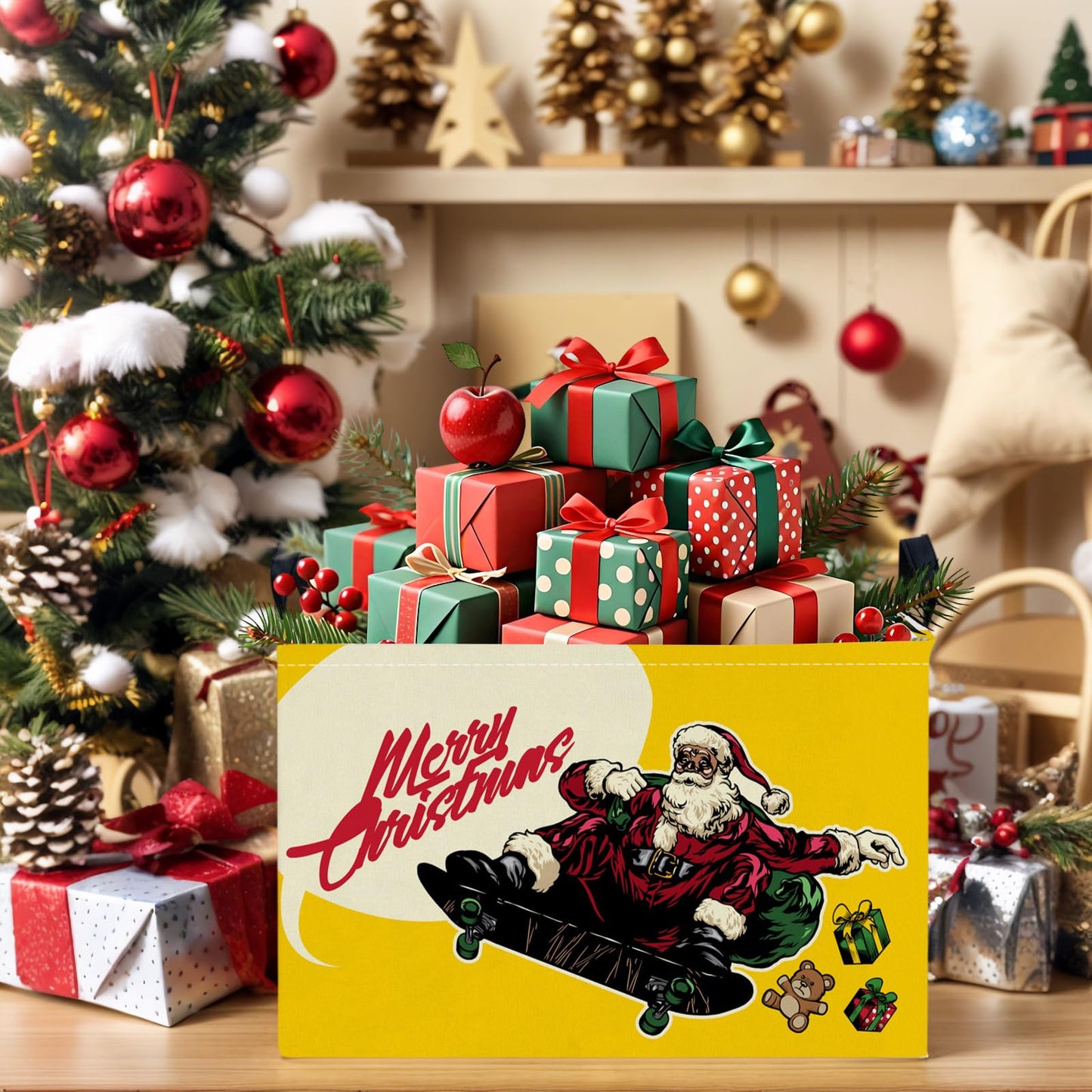 NIETEIN Large Kids Christmas Holiday Gift Empty Baskets Collapsible Families Holiday Storage Bin with Handle (Santa Claus Skateboarding)