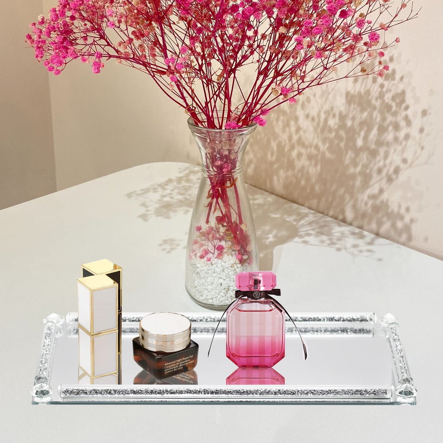 HMRCYTE Glass Mirror Vanity Tray, 13.8" x 5.9" Crushed Diamond Silver Crystal Rectangular Perfume Makeup Display Tray, Jewelry Trinket Cupcake Holder for Home Decor Christmas Banquet Party Gift