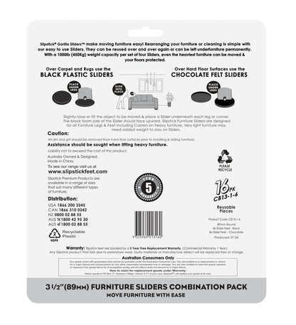 Slipstick GorillaSliders Premium Furniture Sliders for All Floor Surfaces (16 Piece Moving Kit) Reusable 3.5” Round Furniture Movers for Sliding Furniture on Hardwood & Carpet, Black, CB13-1-16