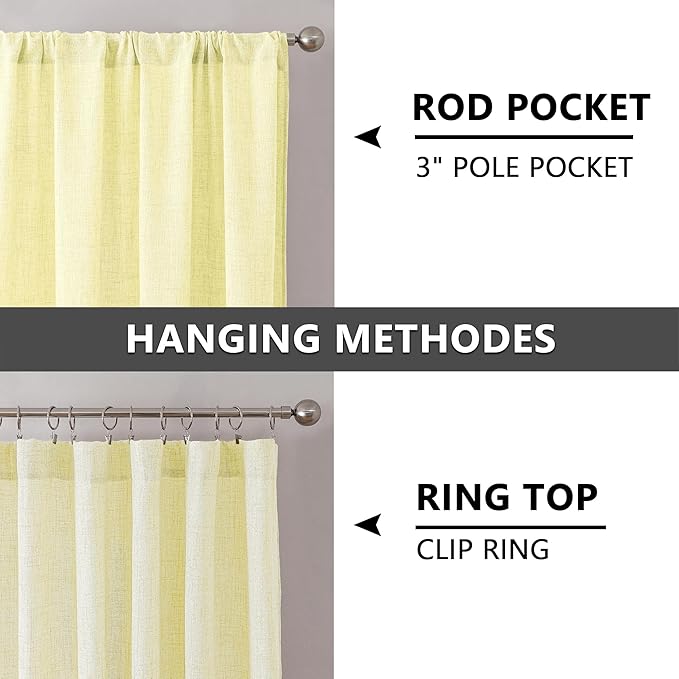 Tollpiz Short Linen Curtain Bedroom Rod Pocket Semi Sheer Curtains Burlap Light Filtering Thick Linen Drape for Living Room, 38 x 54 inches Long, Cream Yellow, Set of 2 Panels