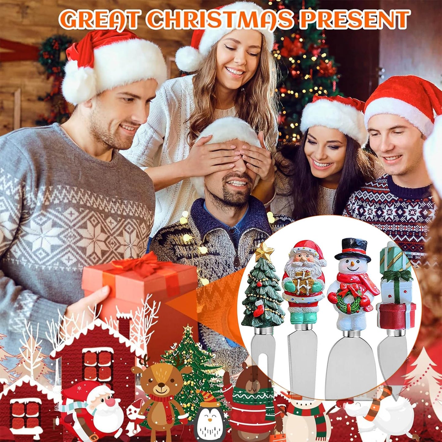 Linwnil 4-Piece Hand Christmas Resin Handles Cheese Knives, Xmas Charm Cheese Spreader Knife for Charcuterie Board Tools