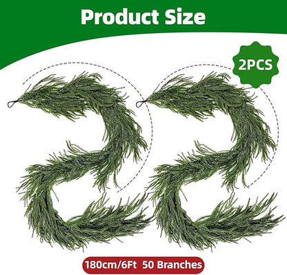 6 Ft 2 Pcs Norfolk Pine Christmas Garland - Artificial Faux Pine Needles Real Touch Winter Garland - Indoor/Outdoor Holiday Greenery Garlands for Fireplace Mantle, Staircase, Window Decor