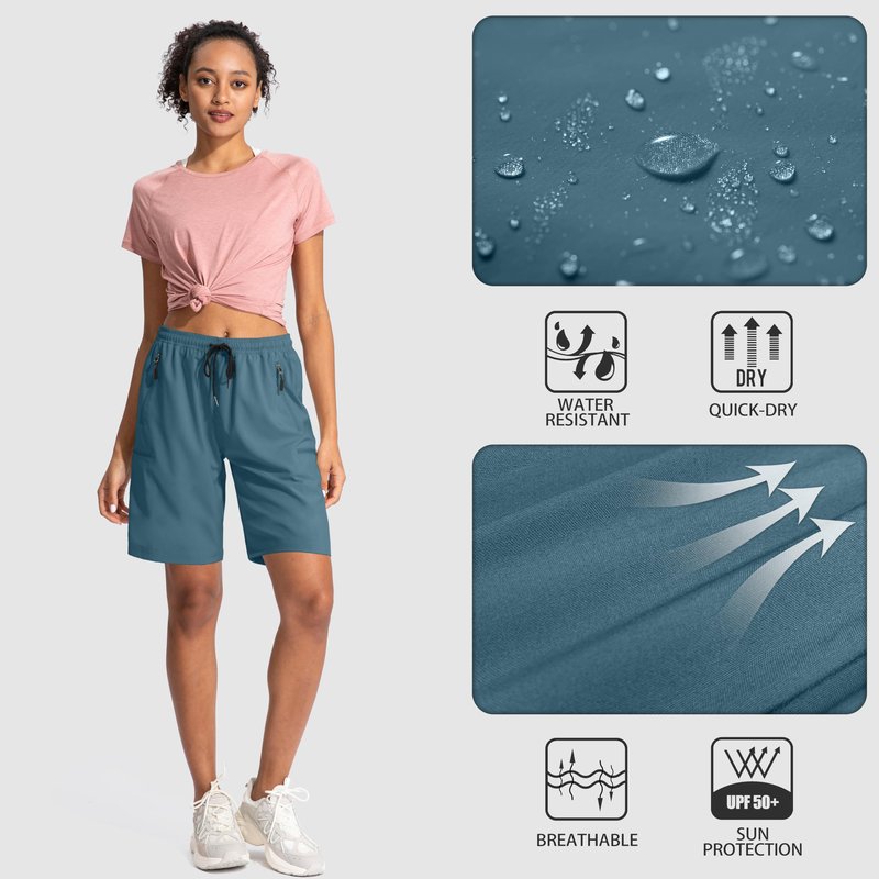 SANTINY Women's 5''/ 7''/9'' Hiking Cargo Shorts Quick Dry Lightweight Summer Shorts for Women Athletic Golf Zipper Pockets(Dusty Blue_L)