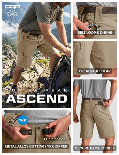 CQR Men's Quick Dry Stretch Hiking Cargo Shorts, Lightweight Water Resistant Tactical Casual, Golf & Outdoor with Pockets, Peak Alamo Khaki, 34W x 10L